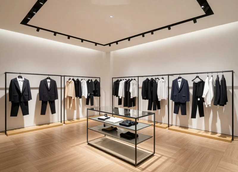 Wide shot of a modern luxury boutique with high-end clothing displays and minimalist design.