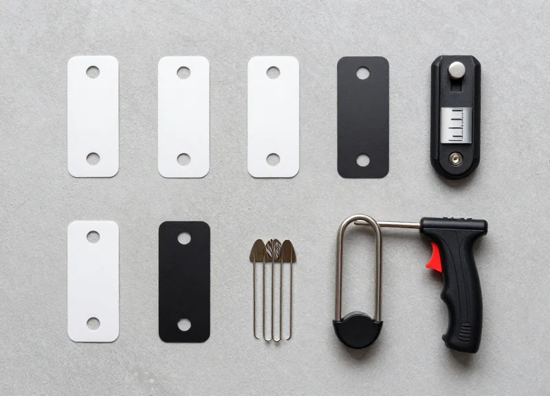 A collection of retail security tags and hardware tools arranged neatly on a grey surface.