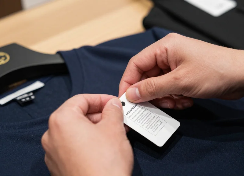 A person's hands quickly attaching a security tag to a piece of clothing.