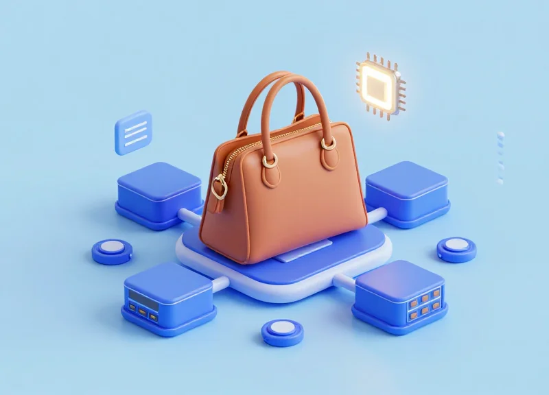 Isometric 3D illustration of a luxury item integrated with a glowing RFID tracking network.