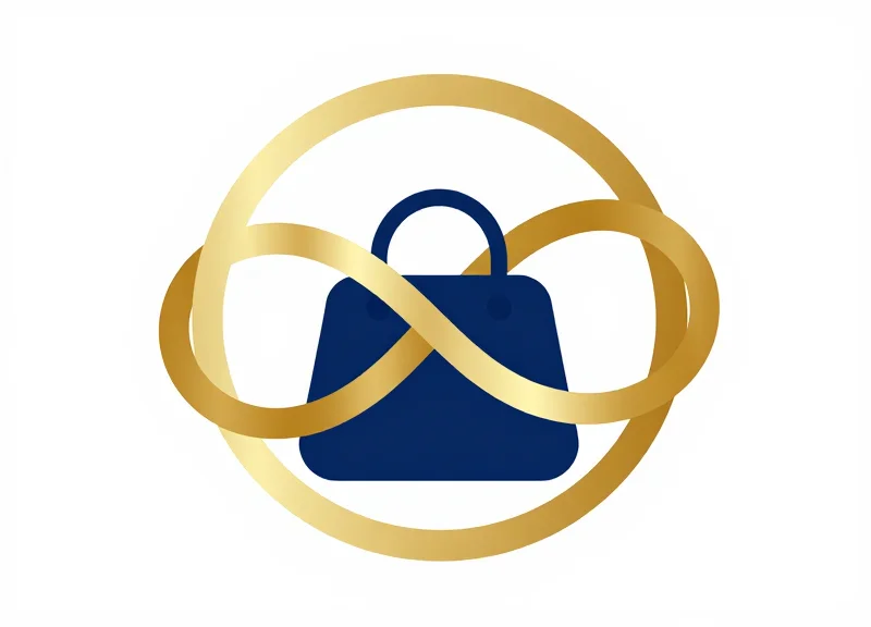 Flat vector illustration of a golden infinity symbol wrapping around a luxury bag to represent circular economy.