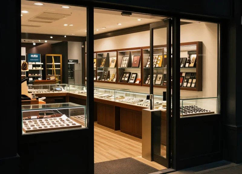 Interior of a high-end coin boutique with elegant glass displays and modern security pedestals.