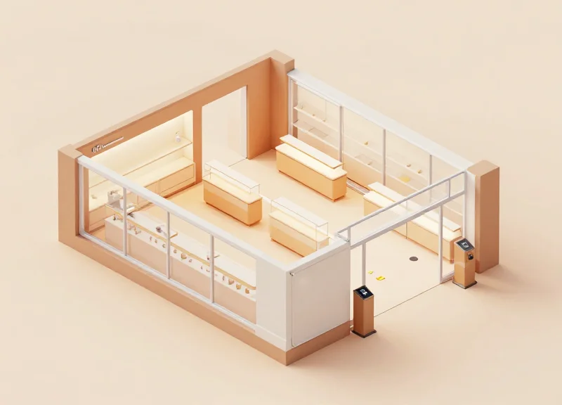 Isometric 3D floor plan of a store showing optimal security pedestal placement.