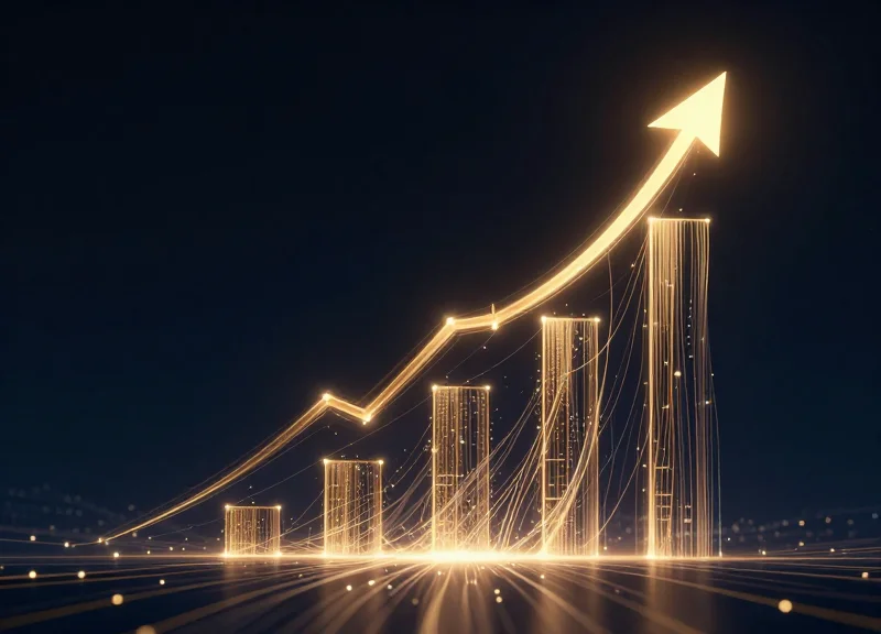 Abstract visualization of 35 percent ROI growth with glowing data streams.