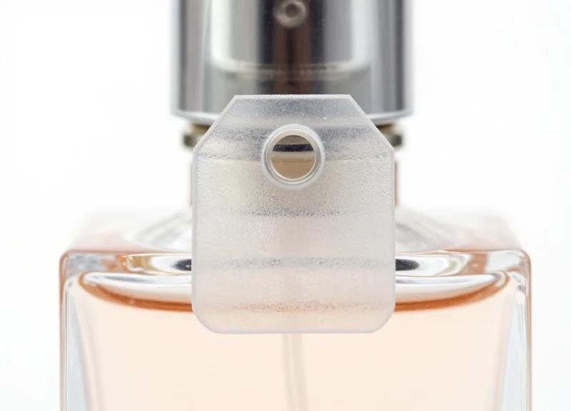 Macro shot of a discreet security tag on a small product.