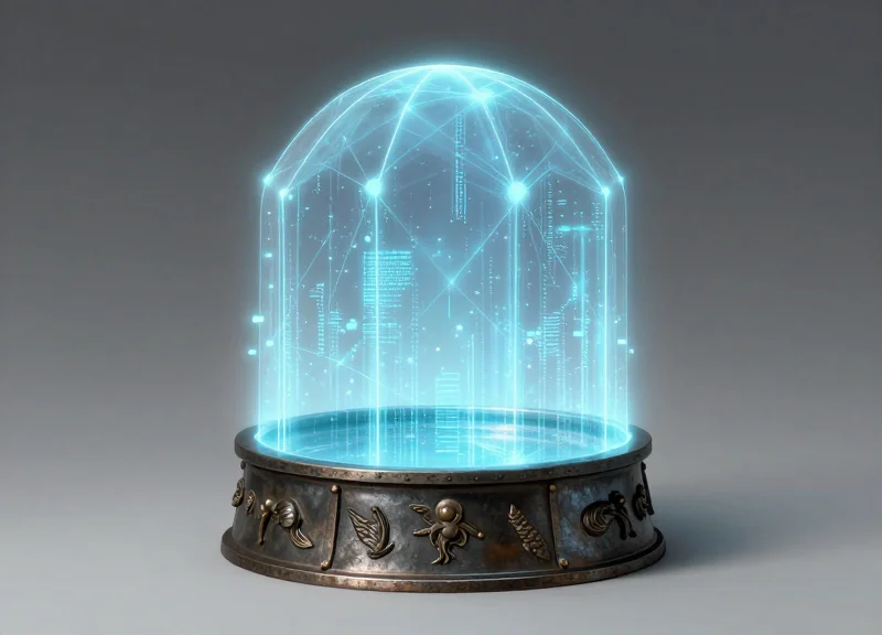 Surrealism art representing the evolution of security from a heavy padlock to a digital light shield protecting a luxury artifact.