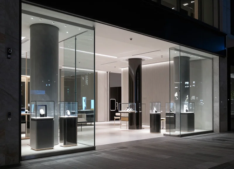 High-end luxury collectible store at night with advanced security sensors subtly integrated into the architecture.