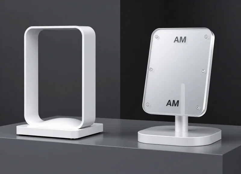 Two different designs of retail security pedestals side-by-side for comparison