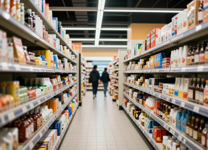 Wide view of a modern hypermarket aisle with diverse products and soft shopping lighting.