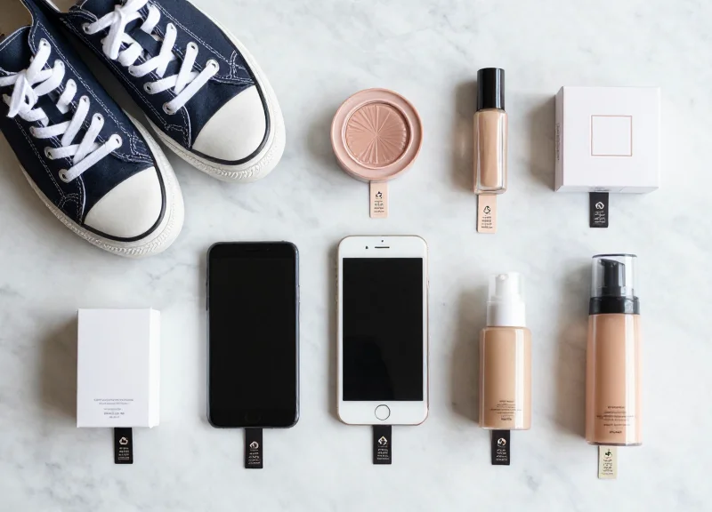 Diverse retail items like shoes and electronics neatly arranged with security tags.