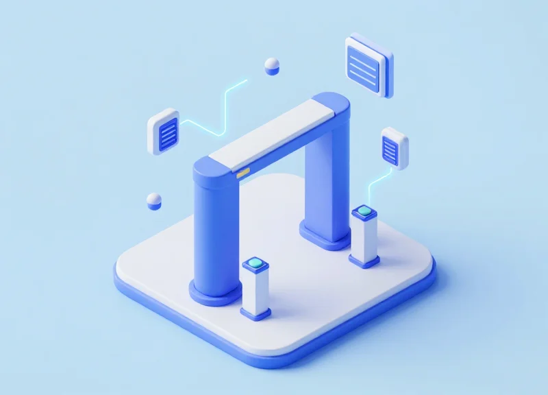 Isometric model of a retail entrance with security gateways and system connectivity.