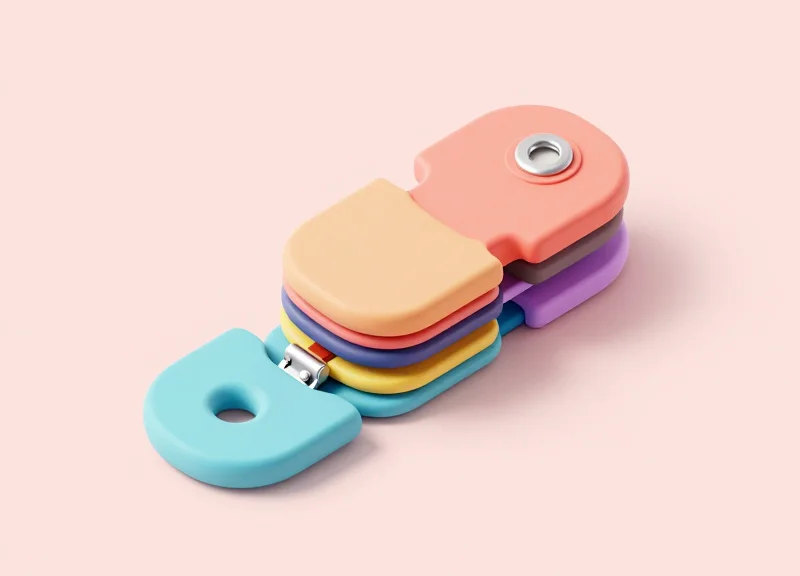 Isometric 3D render showing the internal modular components and locking mechanism of a non-damaging security tag.