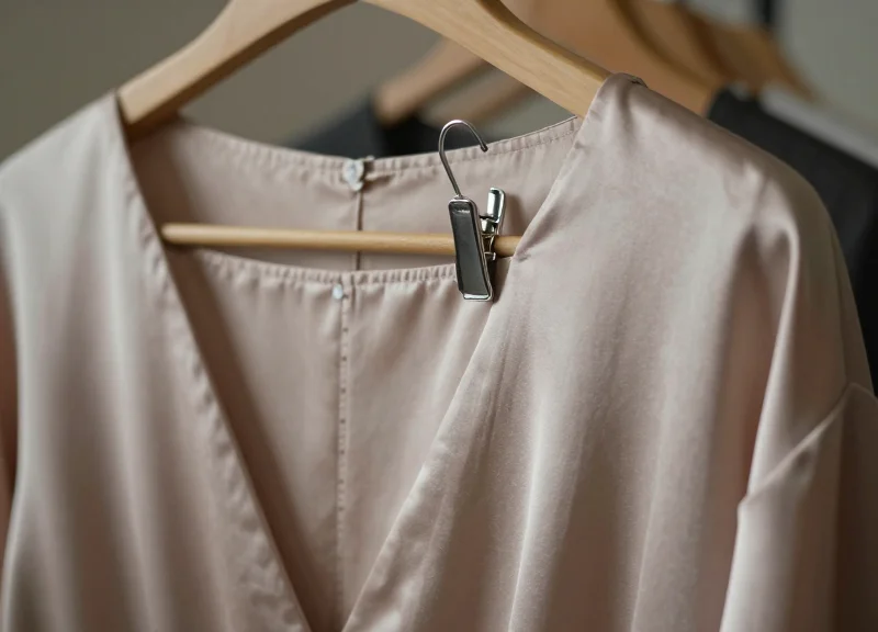Close-up of a high-end silk garment with a gentle security clip attached to the seam without piercing.