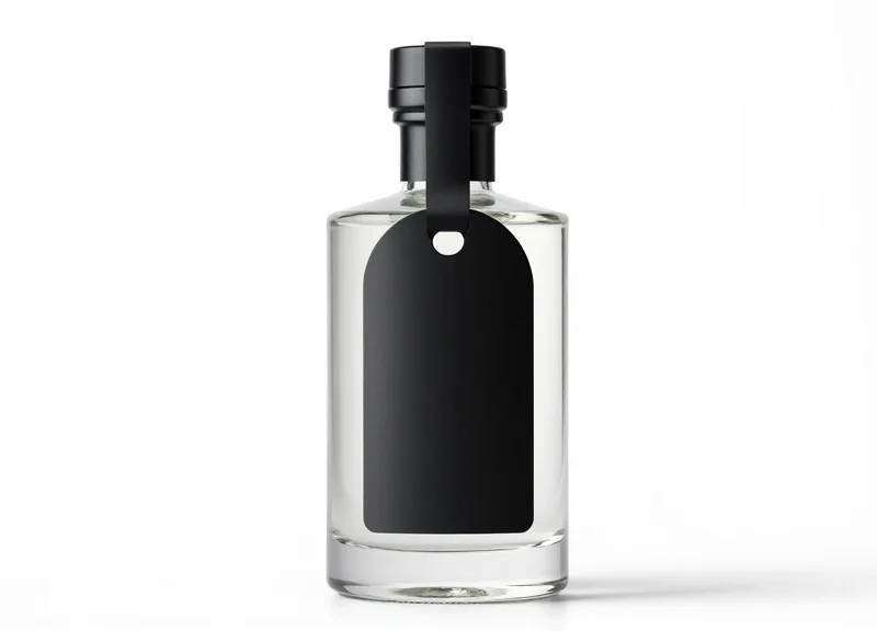 A premium glass bottle of spirits featuring a sleek security collar tag around the neck.