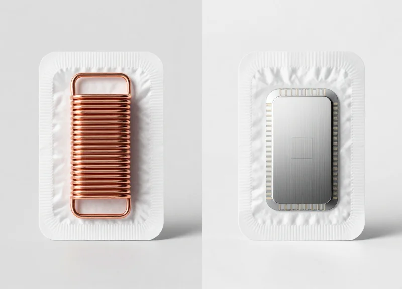 Side-by-side comparison of an RFID inlay and an EAS ferrite coil tag.