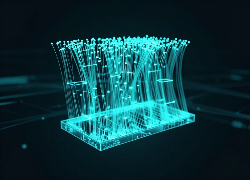 Abstract visualization of digital twinning in retail security using glowing data streams.