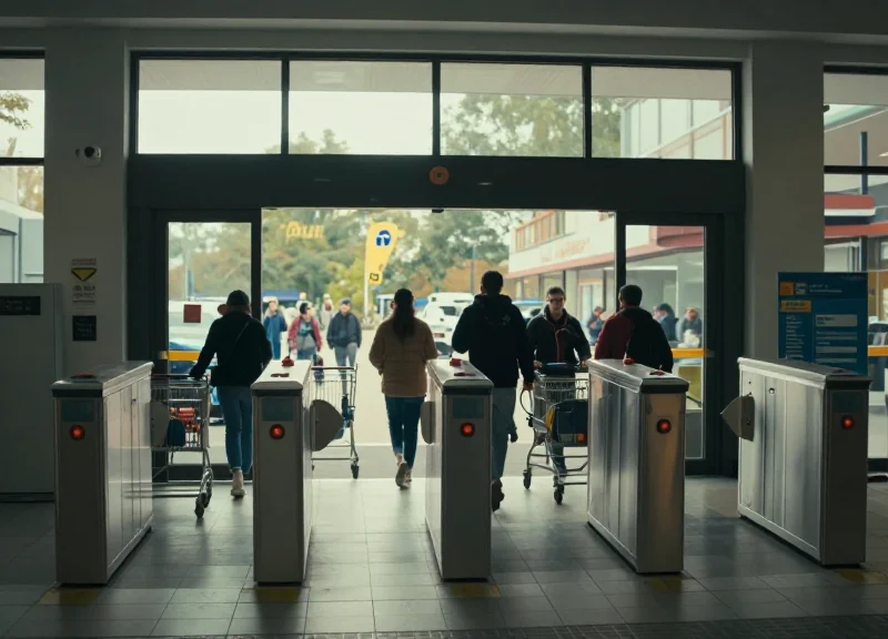Wide shot of a modern hypermarket entrance with customers walking through security gates under natural light