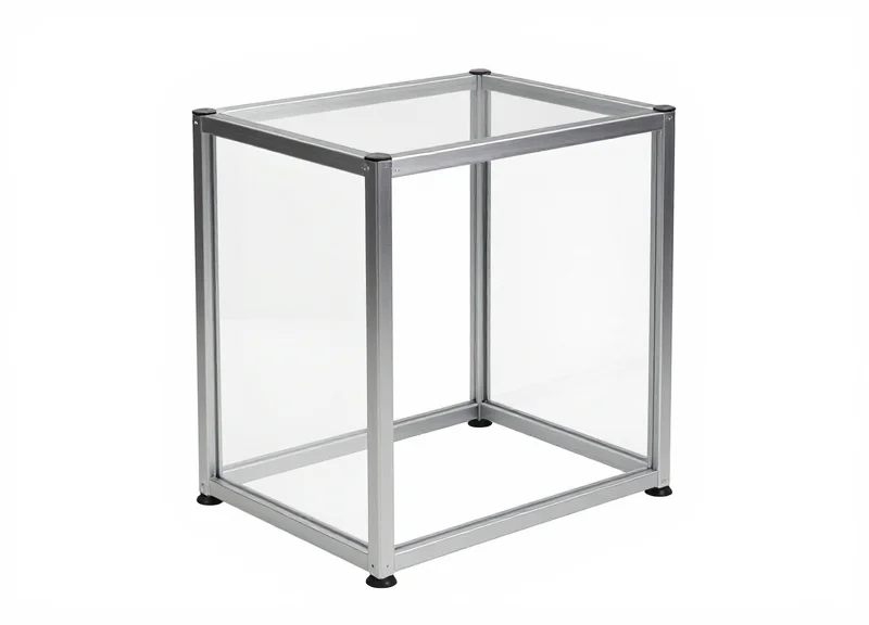 Close-up of a high-tech RFID-ready EAS pedestal with metallic and acrylic finish
