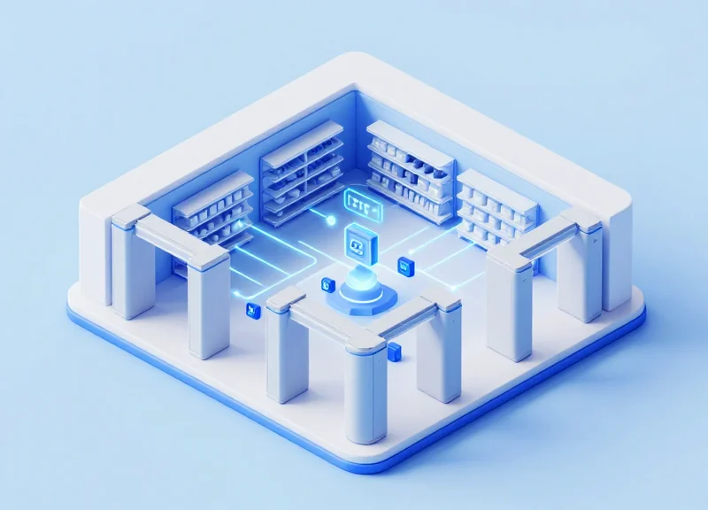 Isometric 3D view of a modern hypermarket entrance with sleek security gates and glowing digital connections representing an RFID-ready EAS system.