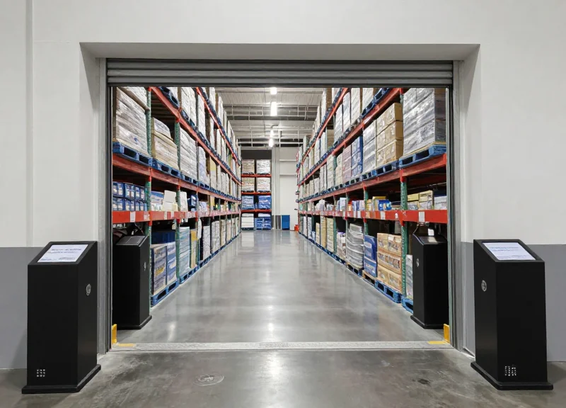 Wide angle view of a spacious warehouse entrance with a three-meter clearance between security sensors.