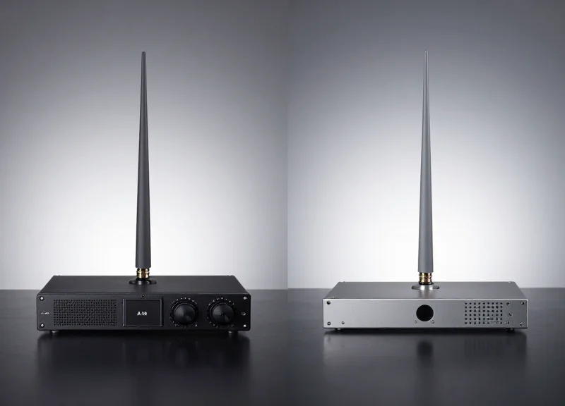 Side-by-side comparison of two different EAS antenna technologies in a studio setting.
