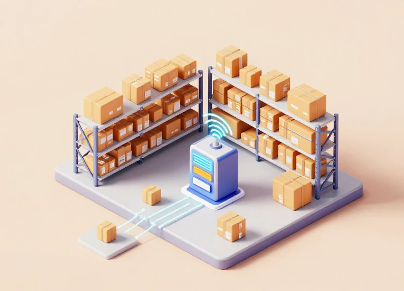 Isometric 3D illustration of a warehouse tracking system with RFID scanning zones