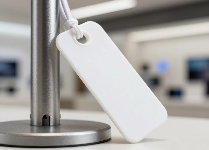 Close-up of a security tag passing through a detection gate for verification.