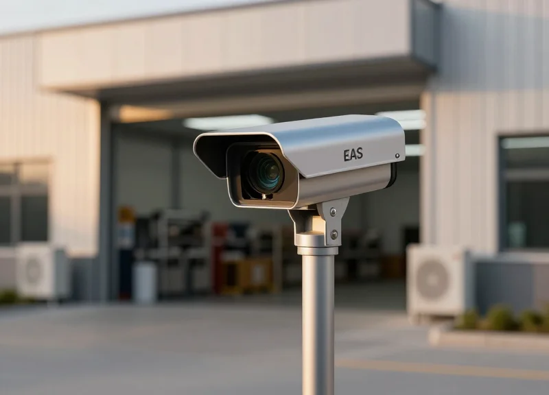 Sleek modern EAS security pedestals at a warehouse exit with soft industrial lighting.