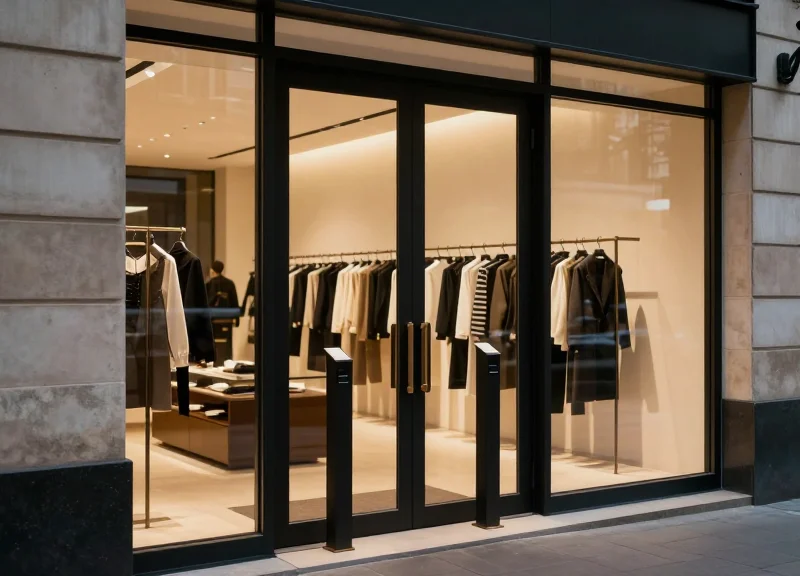 A modern micro-retail boutique entrance with slim, elegant security antennas, warm interior lighting, and a minimalist design.