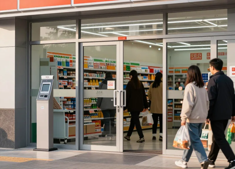 Modern convenience store entrance with slim, compact EAS pedestals.