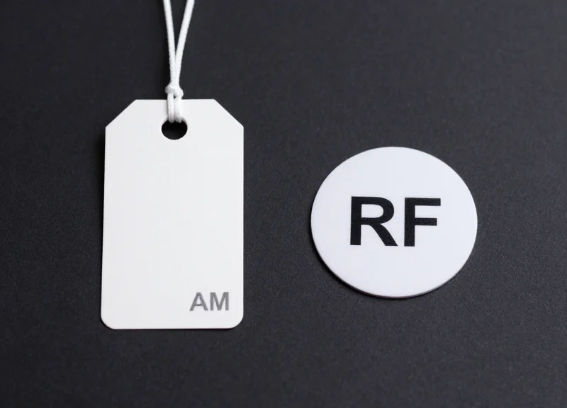 Side-by-side comparison of AM and RF security tags for retail products.