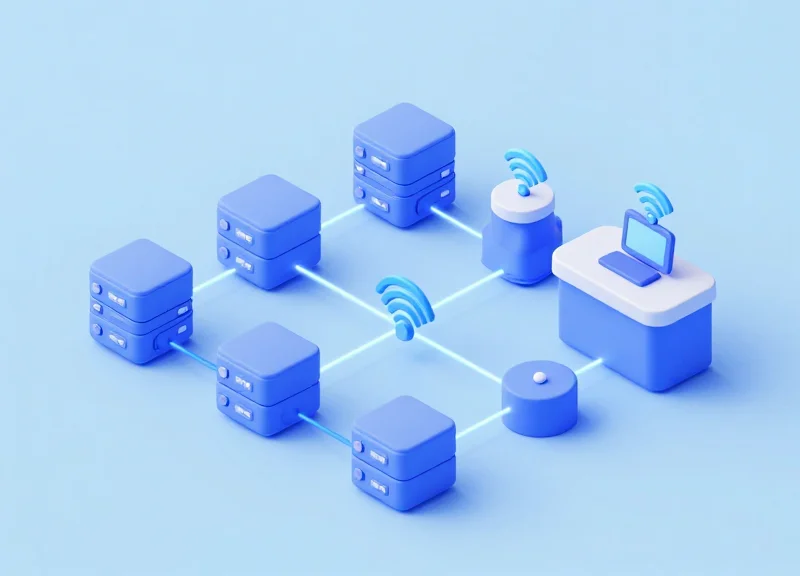 Isometric 3D model of an integrated retail security and inventory system.