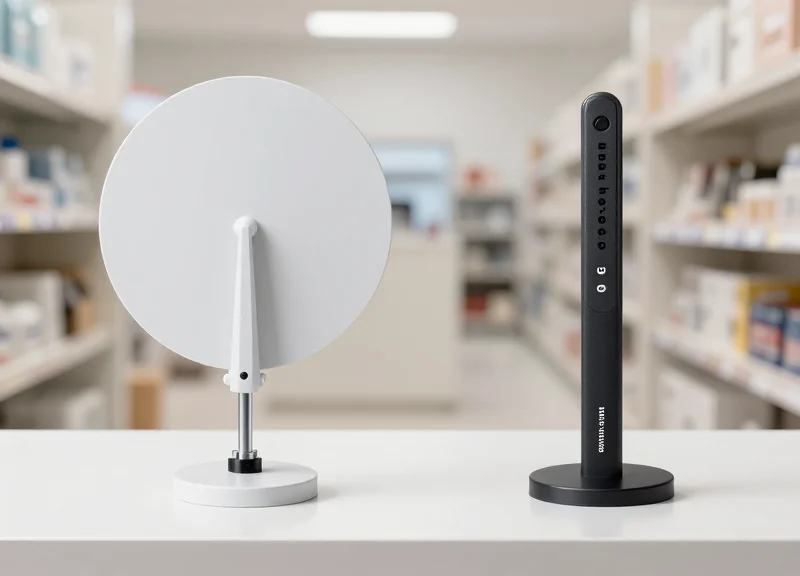 Comparison between a traditional bulky security antenna and a modern 15mm ultra-slim pedestal in a retail setting.