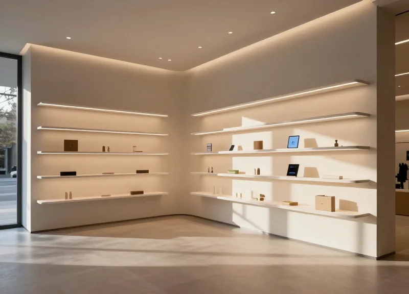 A futuristic automated micro-retail store with high-tech shelving and glowing ambient lighting