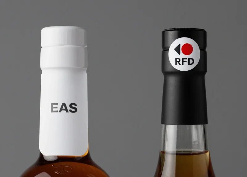 A side-by-side studio shot showing a standard EAS neck tag on one bottle and a high-tech RFID integrated tag on another, clean minimalist background.
