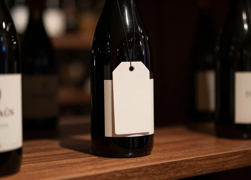 A luxury wine bottle with a discreet, elegant security tag displayed on a shelf in a high-end wine cellar.