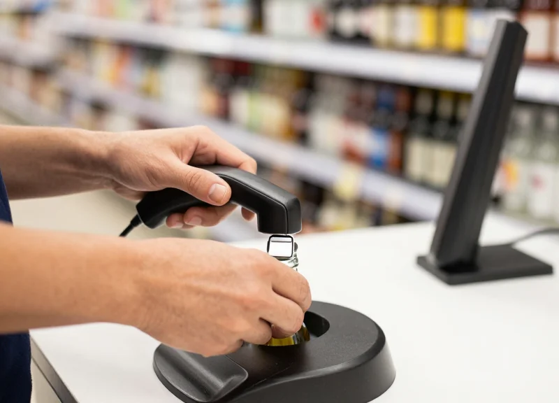 Close-up of a store employee quickly removing a bottle security tag using a magnetic detacher.