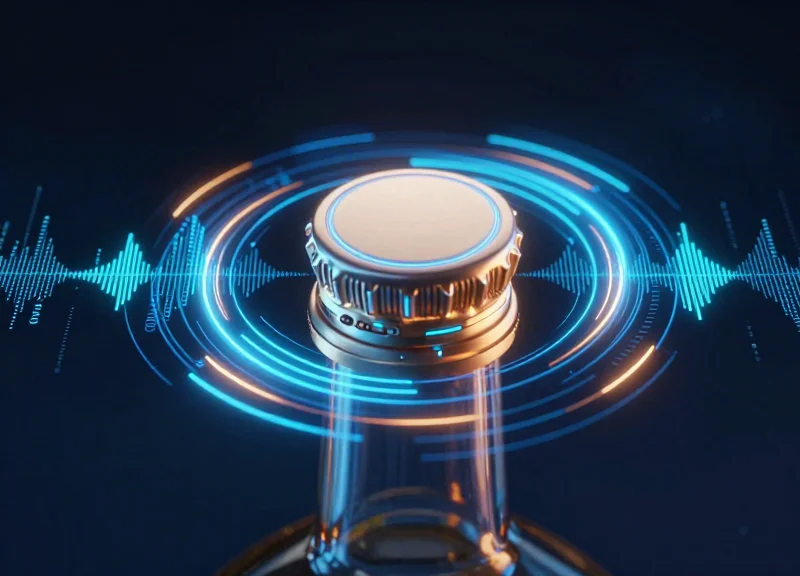 Abstract visualization of multiple signal waves surrounding a wine bottle, representing hybrid frequency technology.