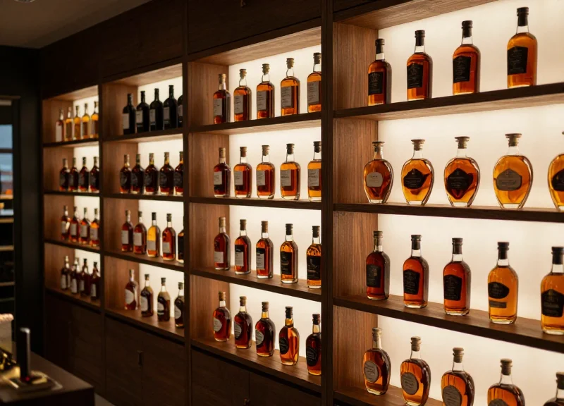 Upscale liquor store shelves with premium spirits and soft cinematic lighting