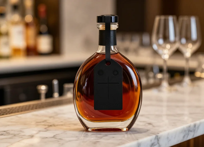 A premium bottle of spirit with a discreet security tag in a luxury bar setting