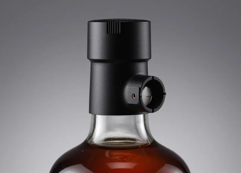 A high-security mechanical bottle lock attached to the neck of a premium glass bottle, studio lighting, matte finish.