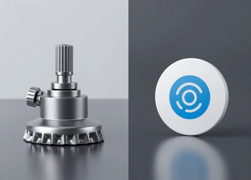 Side-by-side comparison of a traditional heavy bottle lock and a sleek modern RFID tag.