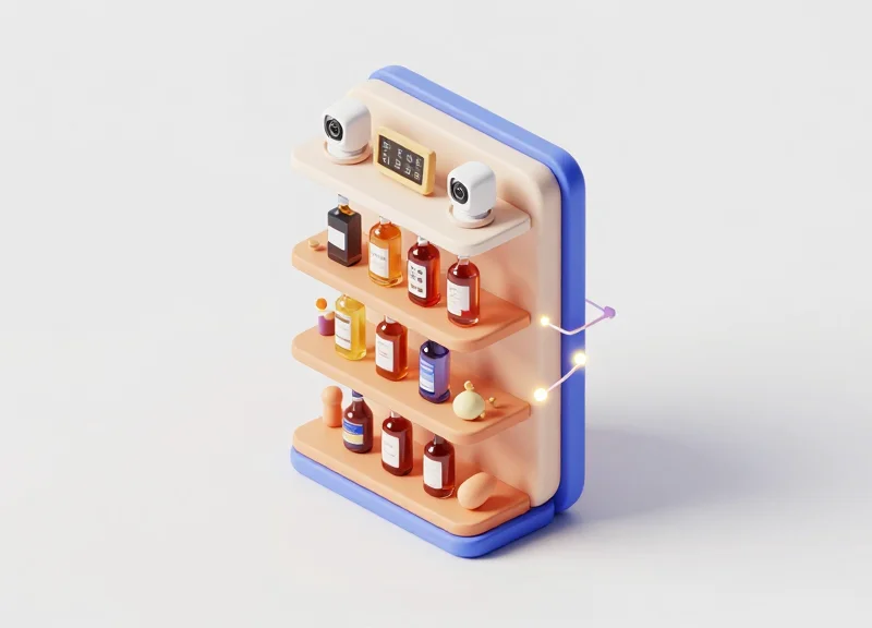 Isometric 3D model of a retail shelf integrated with AI cameras and smart electronic labels.