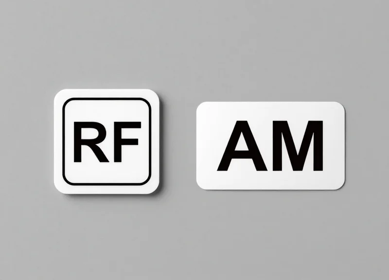 Side-by-side comparison of RF and AM frequency security labels for chilled food.