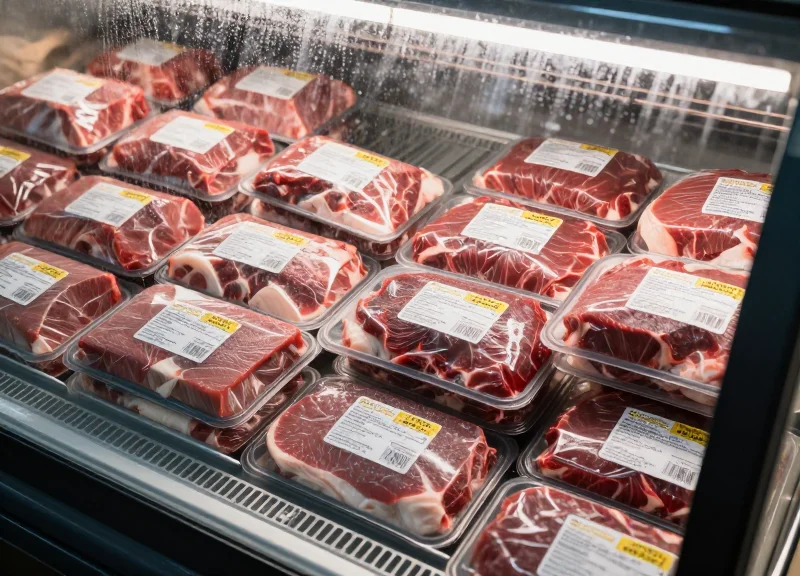Security labels maintaining adhesion on meat packages inside a cold refrigerated display case.