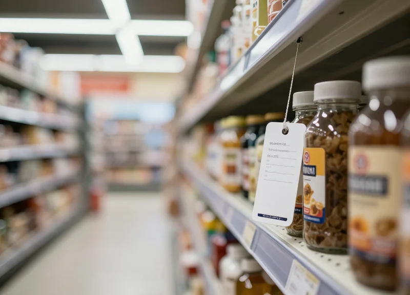 Close-up of a security tag on a grocery item on a supermarket shelf with cinematic lighting.