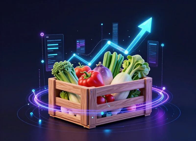 Abstract digital visualization of fresh produce with glowing data streams representing RFID tracking.