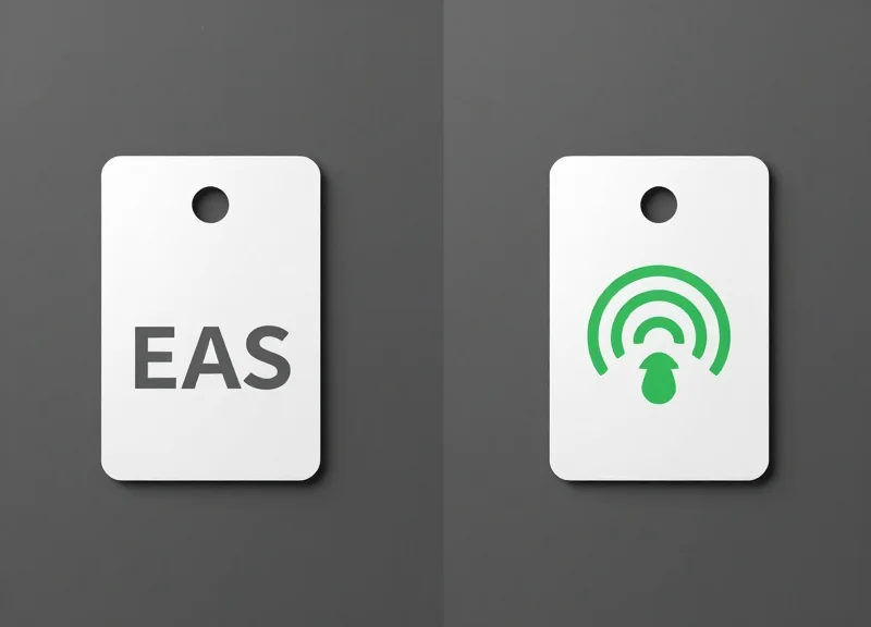 Comparison between a standard EAS tag and an RFID smart label on a clean surface.