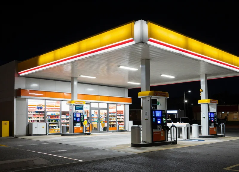 A wide cinematic shot of a modern 24/7 gas station mart illuminated at night with security pedestals at the entrance.