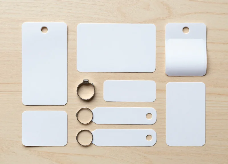An organized collection of various security tags and labels for different retail products.